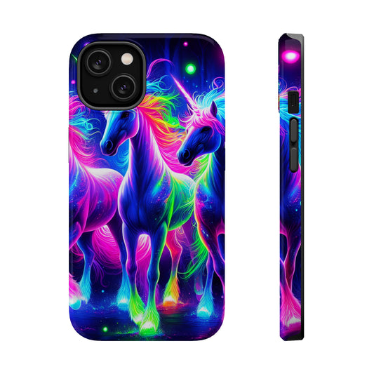 "Uni-Neon Fantasy" Neon Unicorns Premium Art Magsafe Magnet Tough IPhone 13 14 15 Pro Plus Max and Mini in Matte and Glossy Phone cases