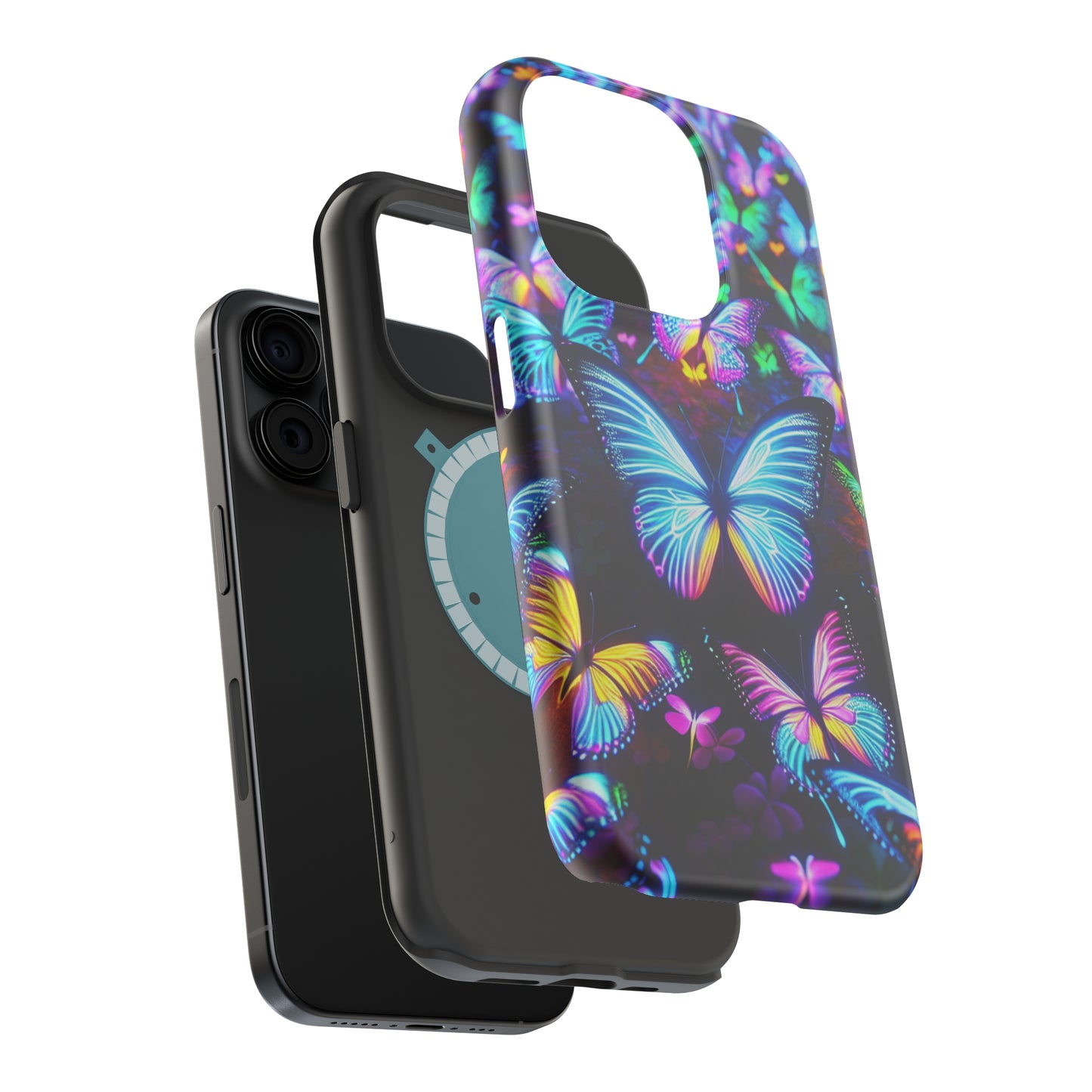 "Neon Butterflies in the Night Sky" Neon Butterflies Premium Art Magsafe Magnet Tough IPhone 13 14 15 Pro Plus Max and Mini in Matte and Glossy Phone cases