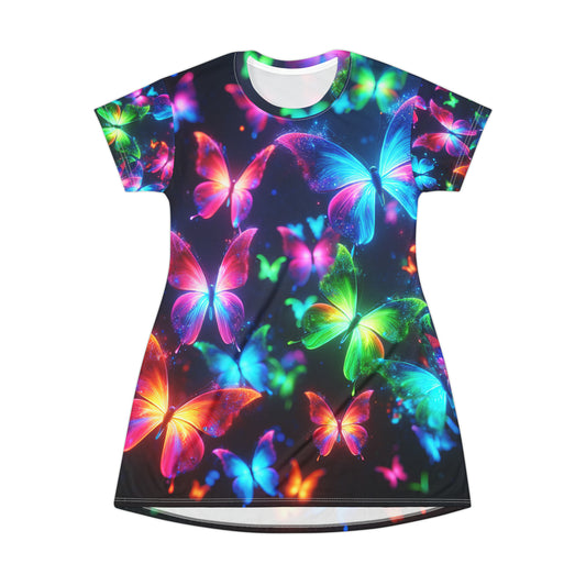 "Aurora Borealis Flutterby" Neon Butterflies Womans T Shirt Dress