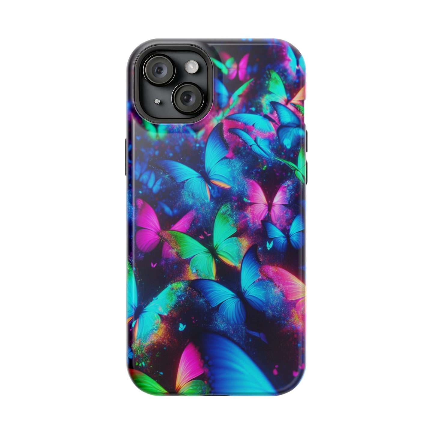 "Neon Flutterglow" Neon Butterflies Premium Art Magsafe Magnet Tough IPhone 13 14 15 Pro Plus Max and Mini in Matte and Glossy Phone cases