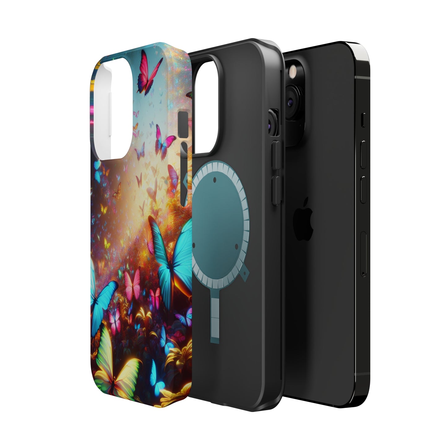 "Neon Butterfly Blooms" Neon Butterflies Premium Art Magsafe Magnet Tough IPhone 13 14 15 Pro Plus Max and Mini in Matte and Glossy Phone cases