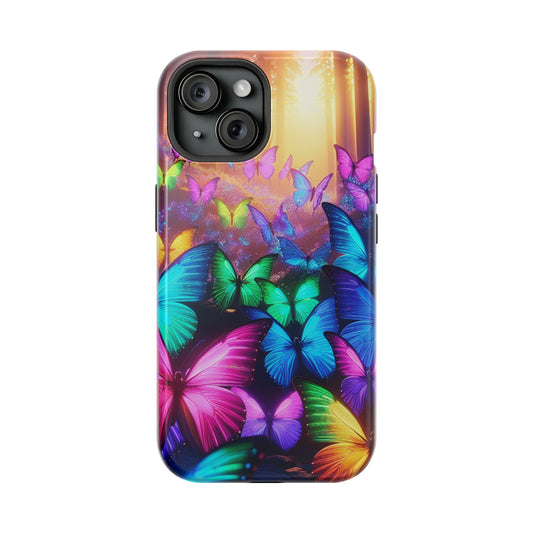 "Radiant Glowing Flight" Neon Butterflies Premium Art Magsafe Magnet Tough IPhone 13 14 15 Pro Plus Max and Mini in Matte and Glossy Phone cases