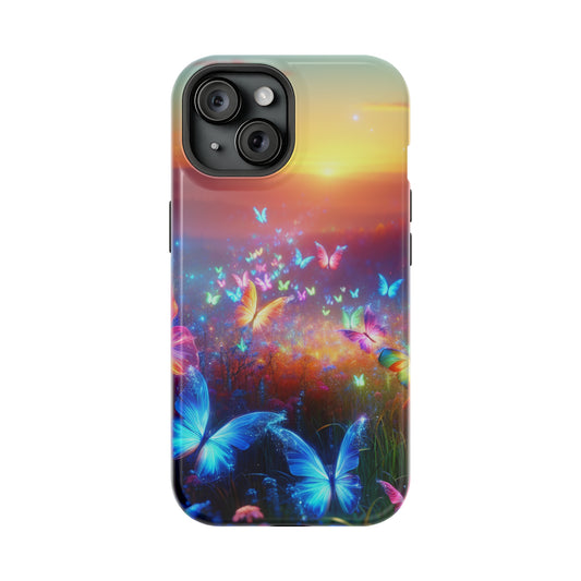 Neon Flight Fantasy Neon Butterflies Premium Art Magsafe Magnet Tough IPhone 13 14 15 Pro Plus Max and Mini in Matte and Glossy Phone cases