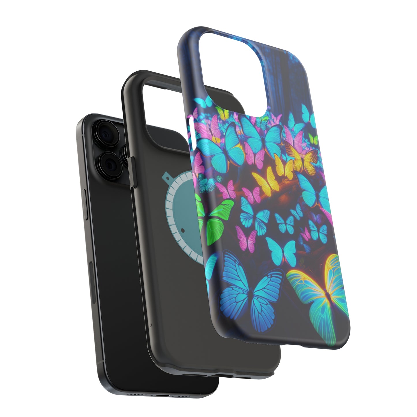"Scintillating Swirls of Neon Butterflies" Neon Butterflies Premium Art Magsafe Magnet Tough IPhone 13 14 15 Pro Plus Max and Mini in Matte and Glossy Phone cases