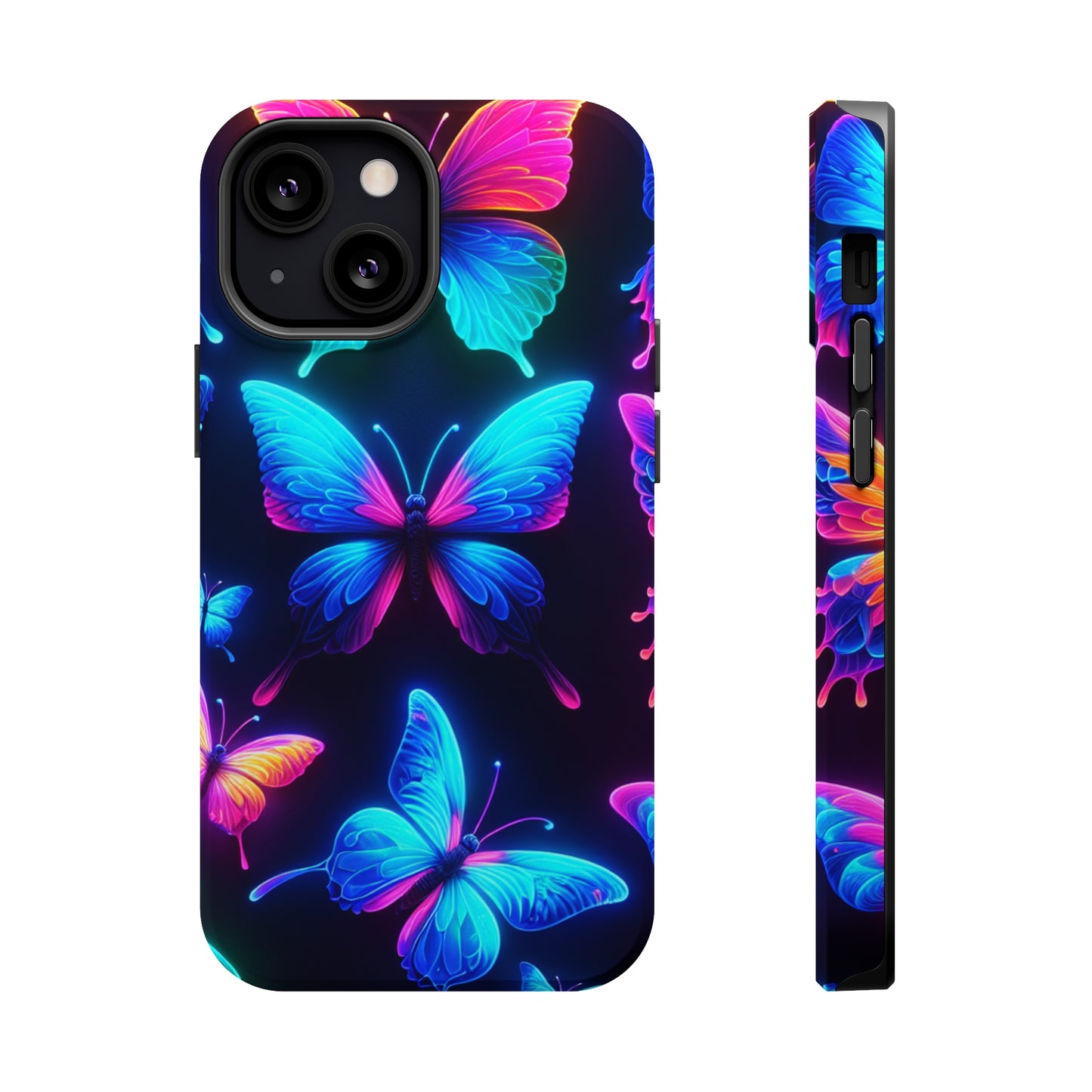 "Neon Flight Frenzy" Neon Butterflies Premium Art Magsafe Magnet Tough IPhone 13 14 15 Pro Plus Max and Mini in Matte and Glossy Phone cases