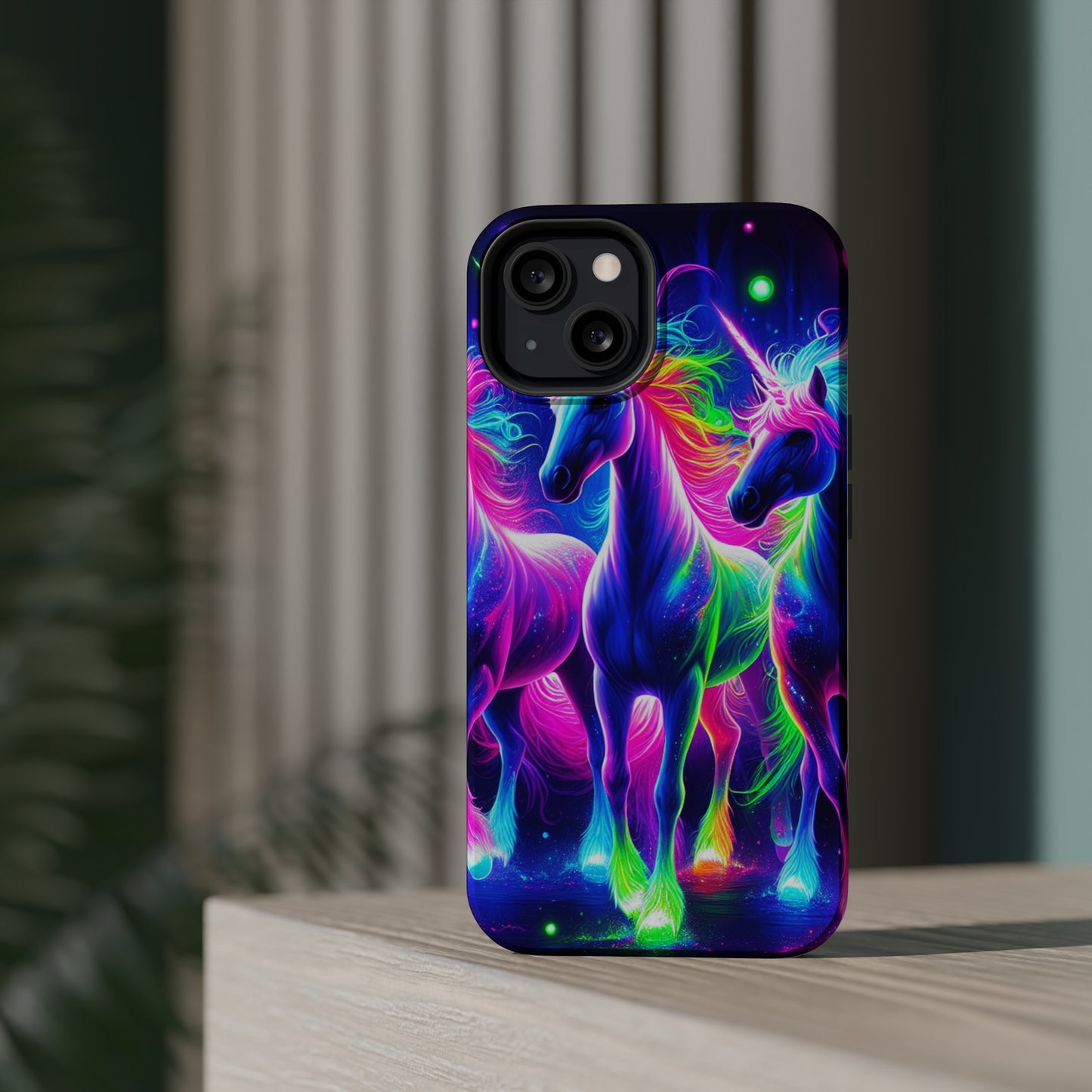 "Uni-Neon Fantasy" Neon Unicorns Premium Art Magsafe Magnet Tough IPhone 13 14 15 Pro Plus Max and Mini in Matte and Glossy Phone cases
