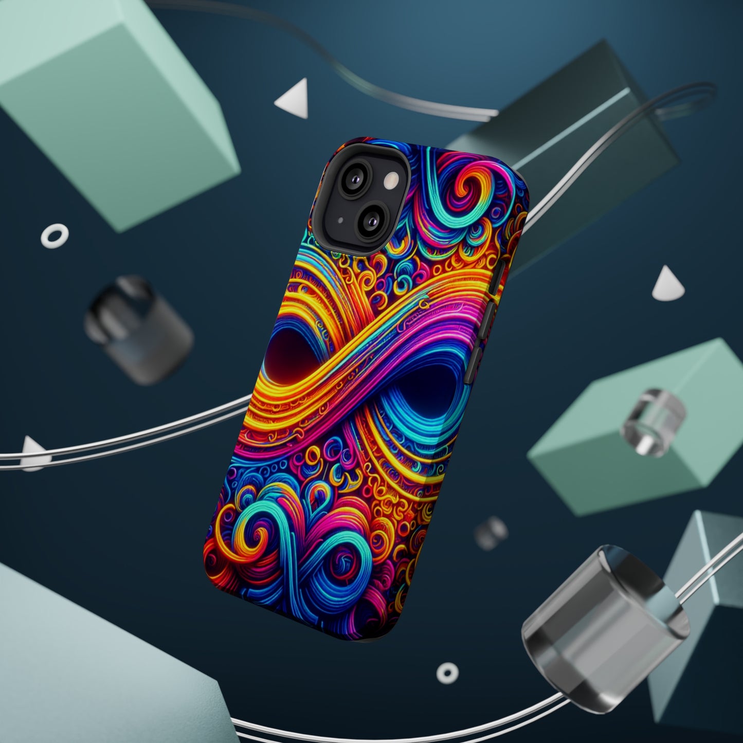 ElectroFractal Fluorescence. Neon Trippy Infinity Patterns Premium Art Magsafe Magnet Tough IPhone 13 14 15 Pro Plus Max and Mini in Matte and Glossy Phone cases