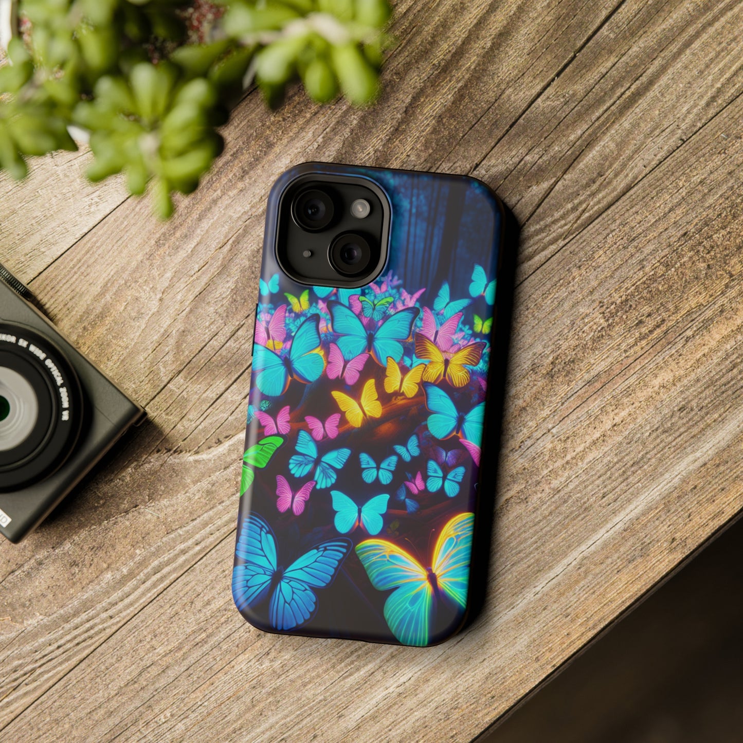 "Scintillating Swirls of Neon Butterflies" Neon Butterflies Premium Art Magsafe Magnet Tough IPhone 13 14 15 Pro Plus Max and Mini in Matte and Glossy Phone cases