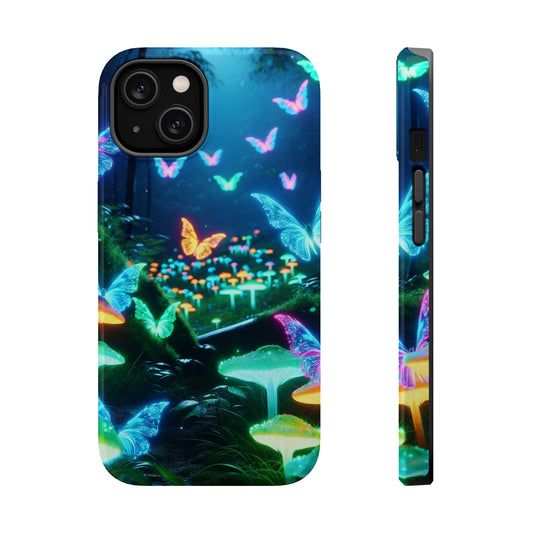 "Neon Meadow" Neon Butterflies and Mushrooms Premium Art Magsafe Magnet Tough IPhone 13 14 15 Pro Plus Max and Mini in Matte and Glossy Phone cases