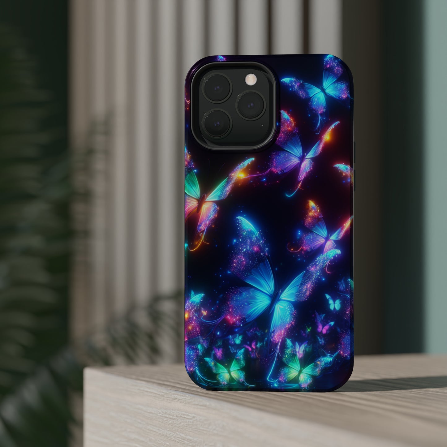 "Electrically Vivid Reverie" Neon Butterflies Premium Art Magsafe Magnet Tough IPhone 13 14 15 Pro Plus Max and Mini in Matte and Glossy Phone cases