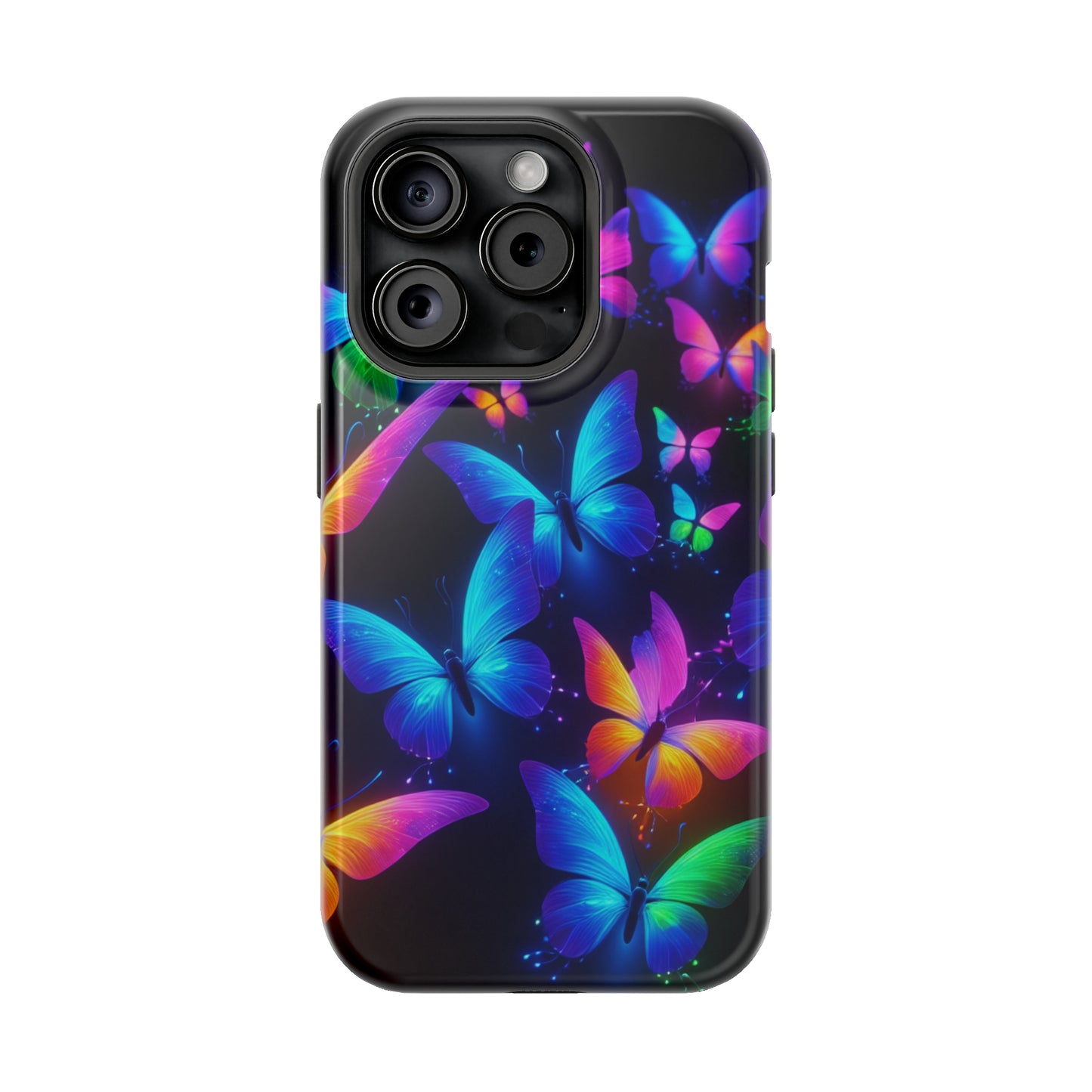 "Vibrant Neon Flutter" Neon Butterflies Premium Art Magsafe Magnet Tough IPhone 13 14 15 Pro Plus Max and Mini in Matte and Glossy Phone cases