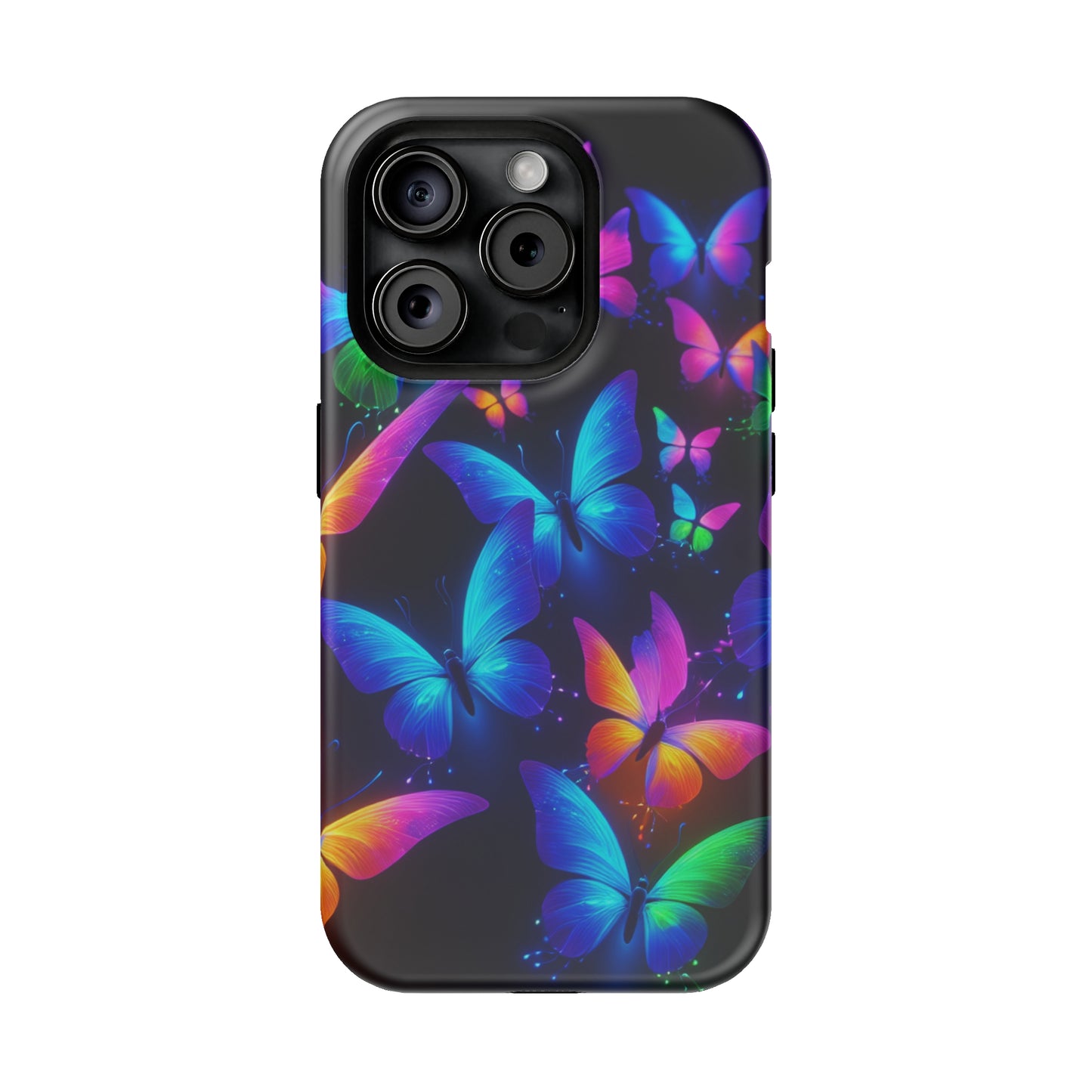 "Vibrant Neon Flutter" Neon Butterflies Premium Art Magsafe Magnet Tough IPhone 13 14 15 Pro Plus Max and Mini in Matte and Glossy Phone cases