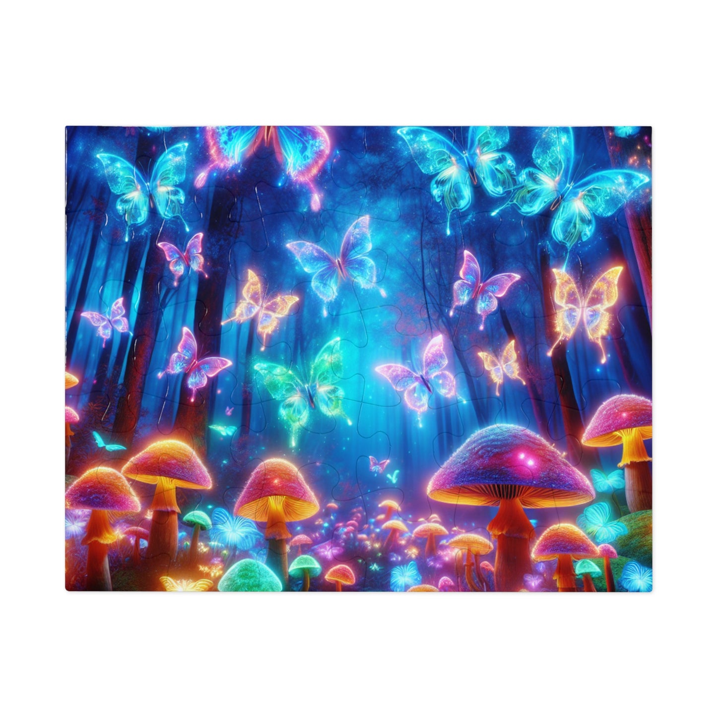 'Vibrant Neon Dreamscape' - Neon Butterflies and Mushrooms Puzzle 30, 110, 252, and 1000 Pieces