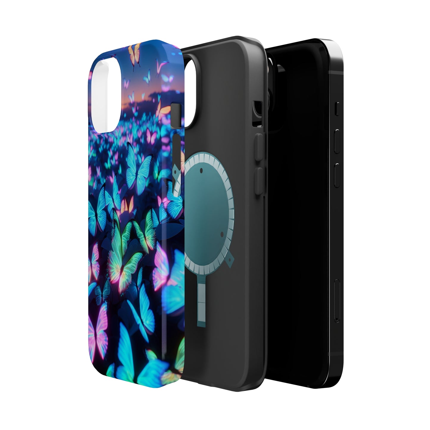 "Fantasia of Neon Butterflies" Neon Butterflies Premium Art Magsafe Magnet Tough IPhone 13 14 15 Pro Plus Max and Mini in Matte and Glossy Phone cases