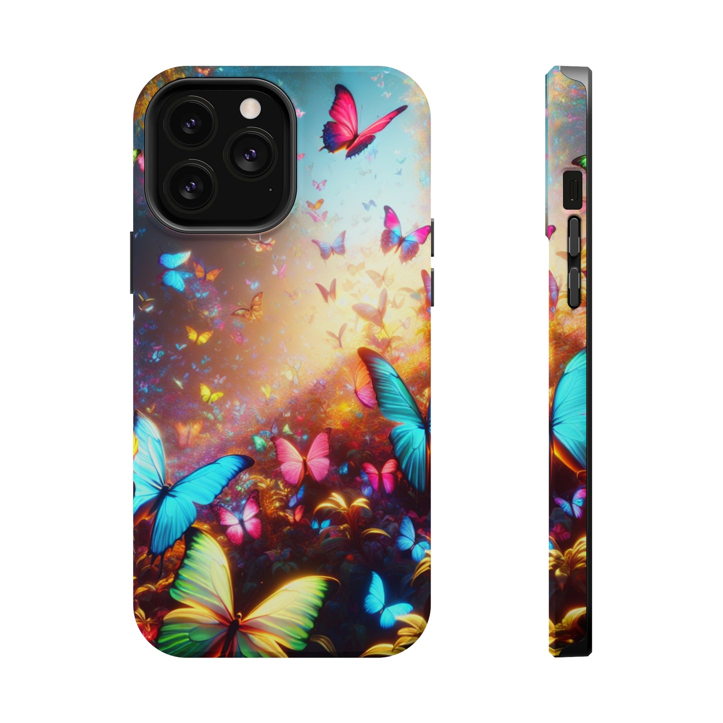 "Neon Butterfly Blooms" Neon Butterflies Premium Art Magsafe Magnet Tough IPhone 13 14 15 Pro Plus Max and Mini in Matte and Glossy Phone cases