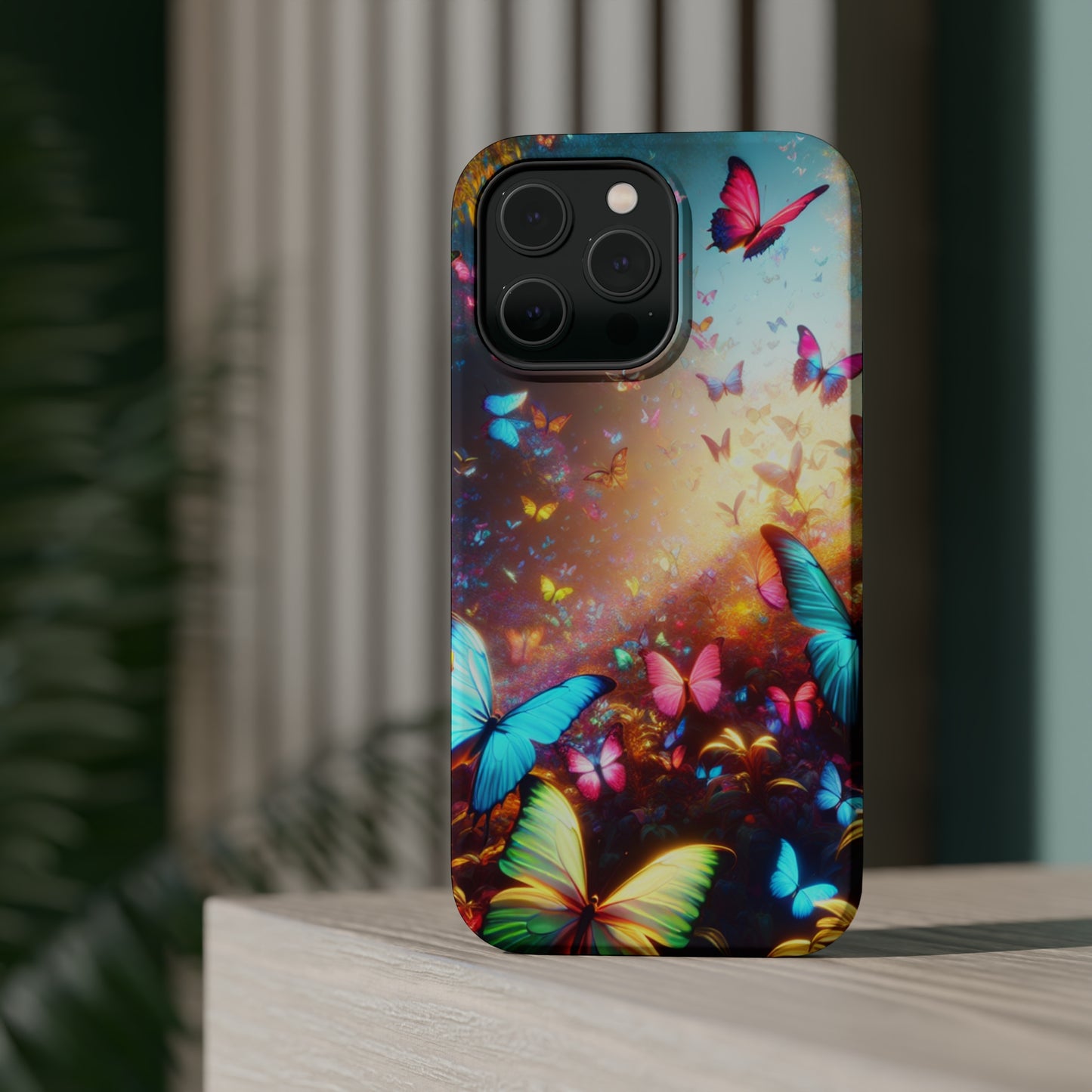 "Neon Butterfly Blooms" Neon Butterflies Premium Art Magsafe Magnet Tough IPhone 13 14 15 Pro Plus Max and Mini in Matte and Glossy Phone cases