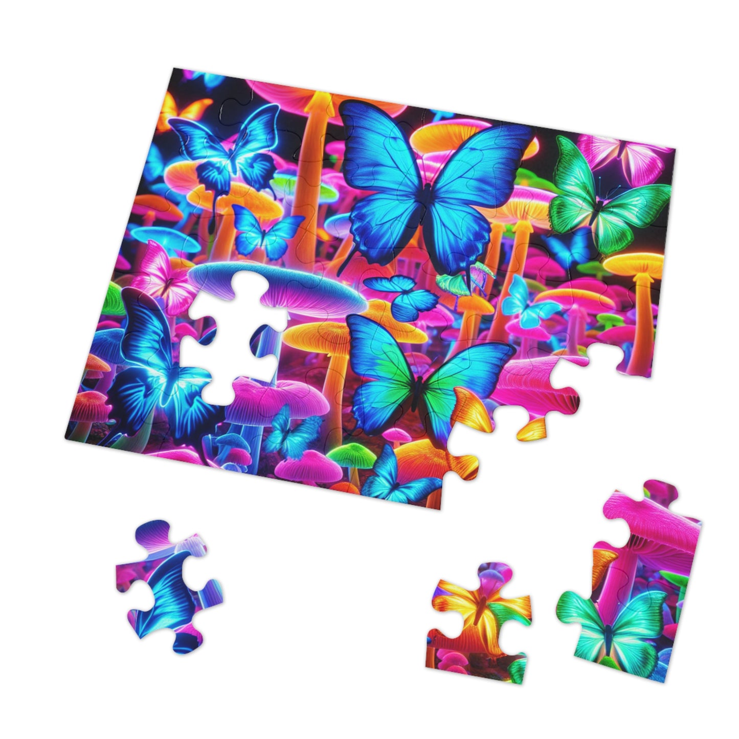 Neon Splendor. - Neon Butterflies and Mushrooms Puzzle 30, 110, 252, and 1000 Pieces