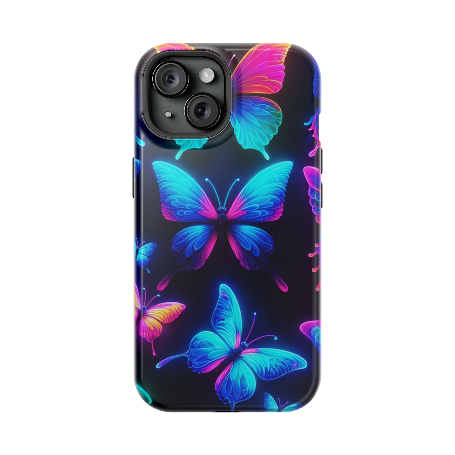 "Neon Flight Frenzy" Neon Butterflies Premium Art Magsafe Magnet Tough IPhone 13 14 15 Pro Plus Max and Mini in Matte and Glossy Phone cases