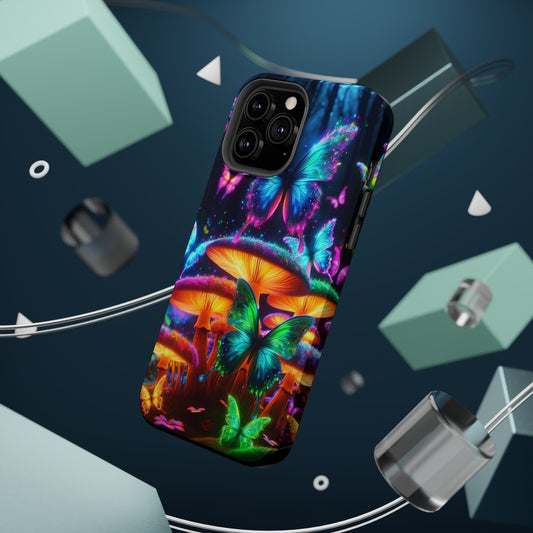 Neon Fantasia. Neon Butterflies and Mushrooms Premium Art Magsafe Magnet Tough IPhone 13 14 15 Pro Plus Max and Mini in Matte and Glossy Phone cases
