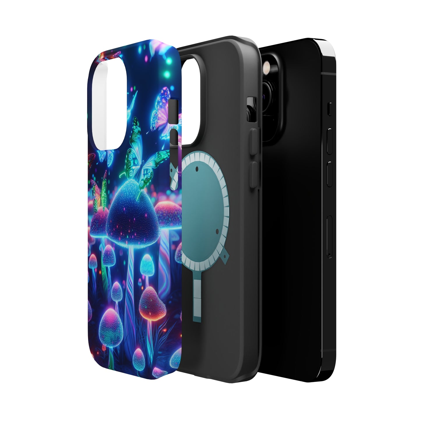 Neon Glitterbug Heaven. Neon Butterflies and Mushrooms Premium Art Magsafe Magnet Tough IPhone 13 14 15 Pro Plus Max and Mini in Matte and Glossy Phone cases