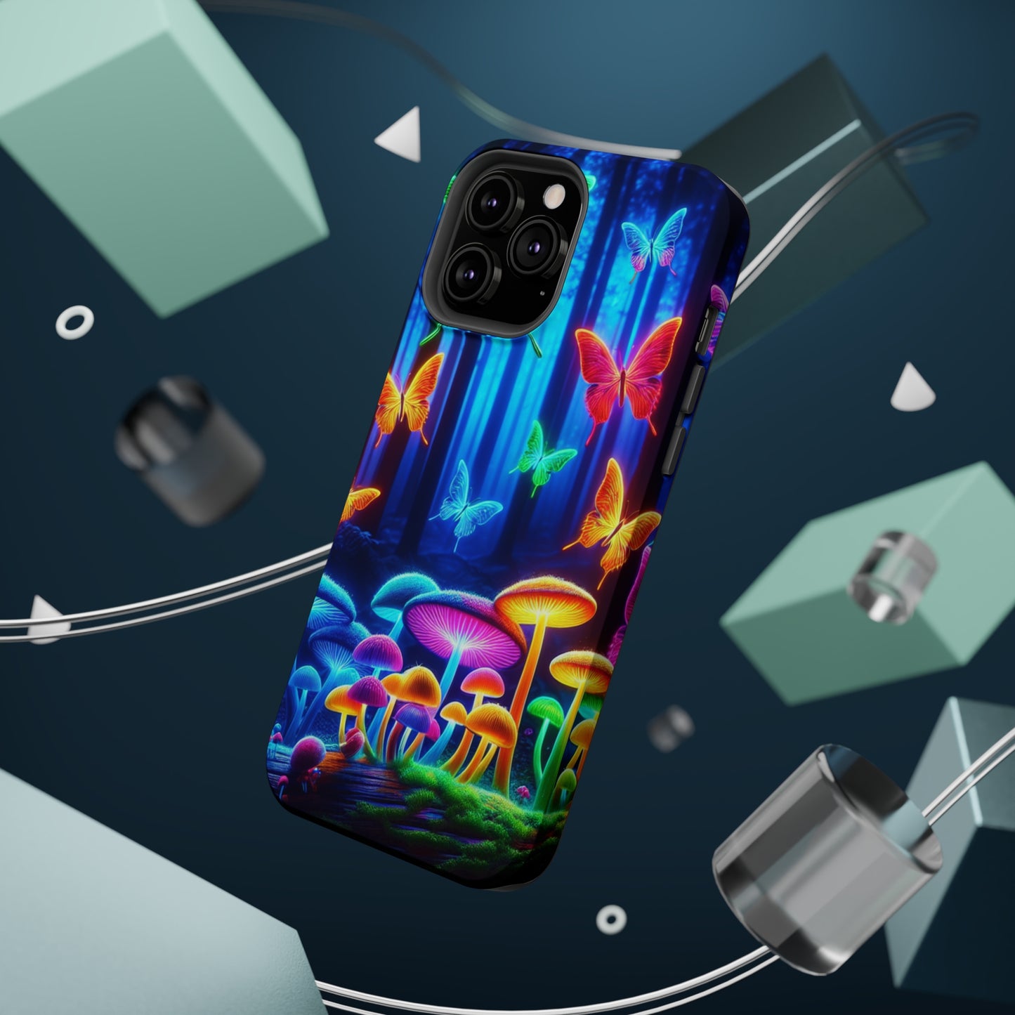 "Neon Garden Delight" Neon Butterflies and Mushrooms Premium Art Magsafe Magnet Tough IPhone 13 14 15 Pro Plus Max and Mini in Matte and Glossy Phone cases