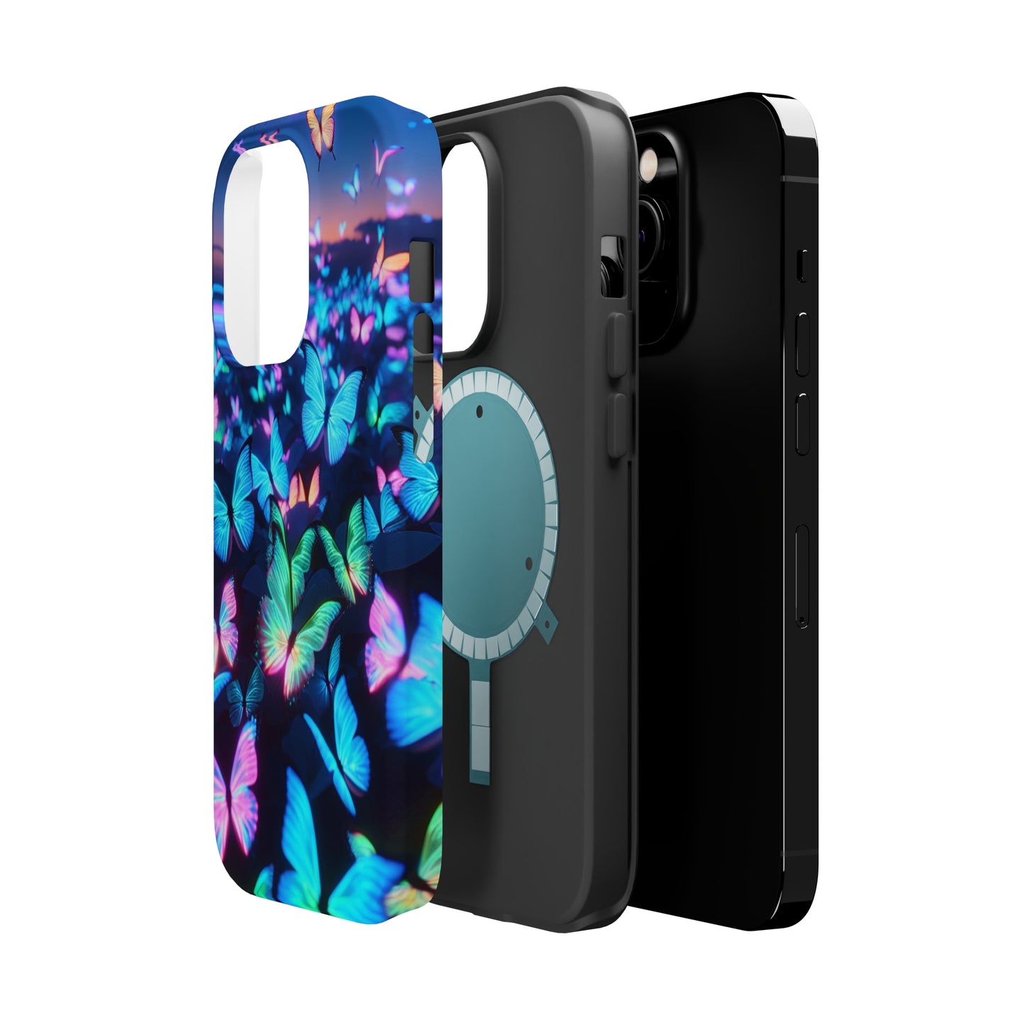 "Fantasia of Neon Butterflies" Neon Butterflies Premium Art Magsafe Magnet Tough IPhone 13 14 15 Pro Plus Max and Mini in Matte and Glossy Phone cases