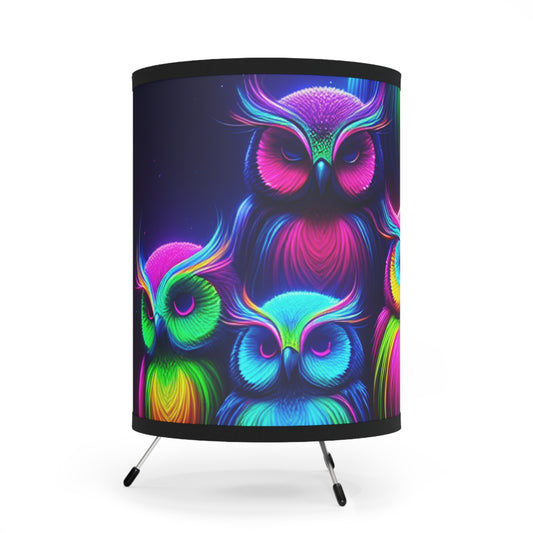 "Vivid Nocturnal Synesthesia" - NEON Owls Art Tripod Lamp