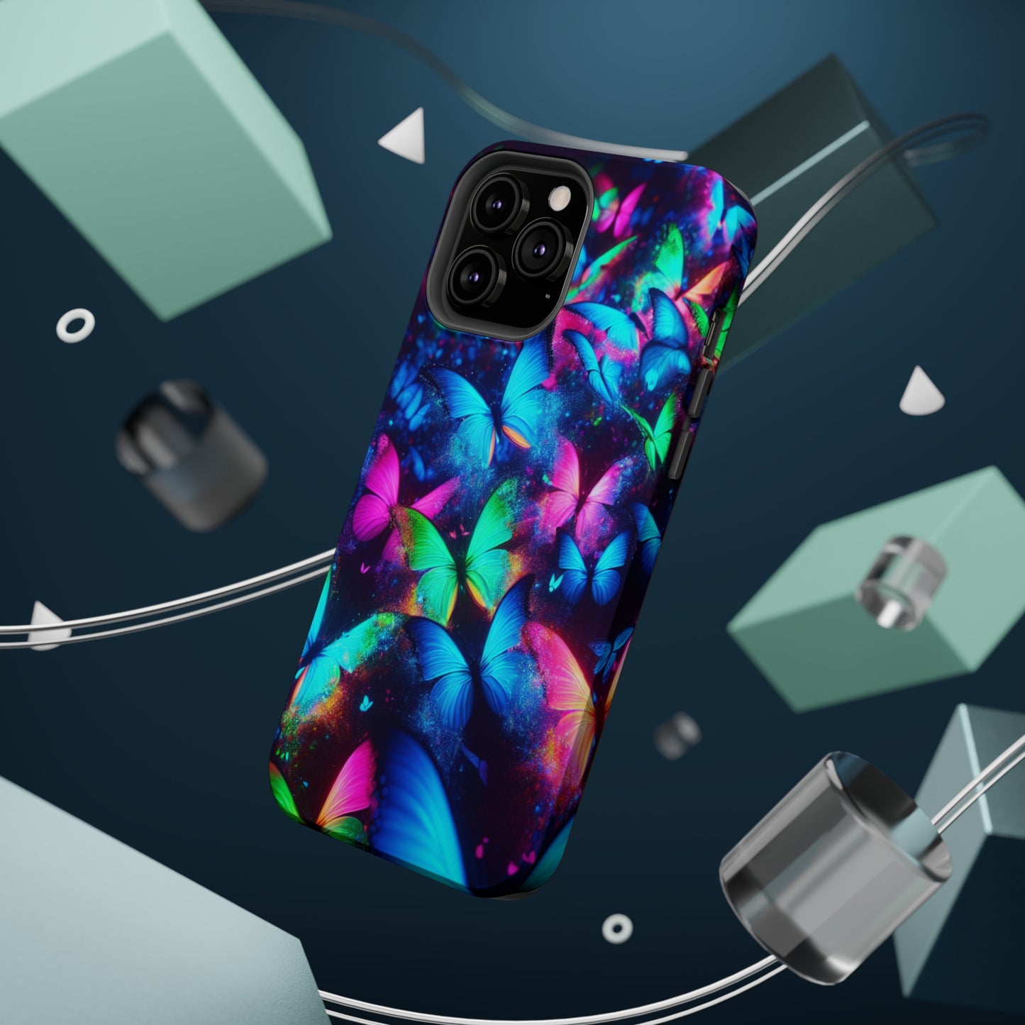 "Neon Flutterglow" Neon Butterflies Premium Art Magsafe Magnet Tough IPhone 13 14 15 Pro Plus Max and Mini in Matte and Glossy Phone cases