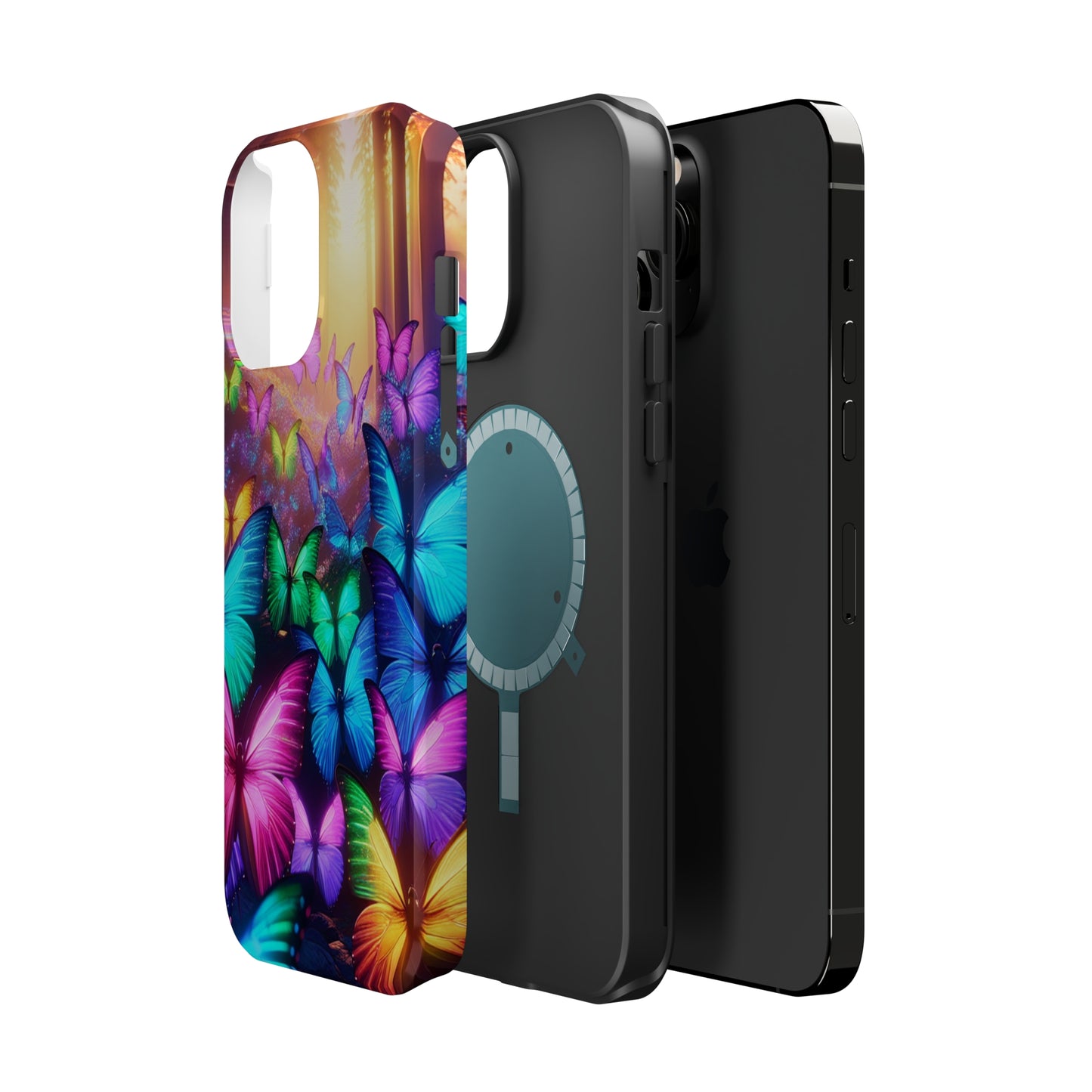 "Radiant Glowing Flight" Neon Butterflies Premium Art Magsafe Magnet Tough IPhone 13 14 15 Pro Plus Max and Mini in Matte and Glossy Phone cases