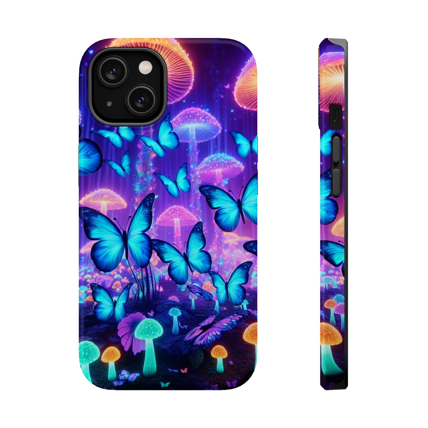 Neon Delight Landscape Neon Butterflies and Mushrooms Premium Art Magsafe Magnet Tough IPhone 13 14 15 Pro Plus Max and Mini in Matte and Glossy Phone cases