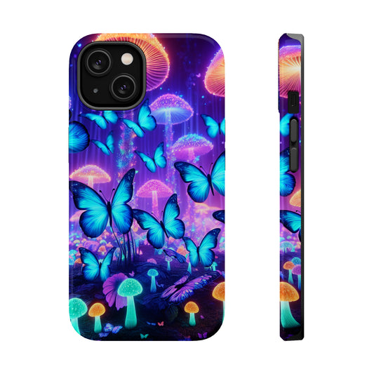 Neon Delight Landscape Neon Butterflies and Mushrooms Premium Art Magsafe Magnet Tough IPhone 13 14 15 Pro Plus Max and Mini in Matte and Glossy Phone cases