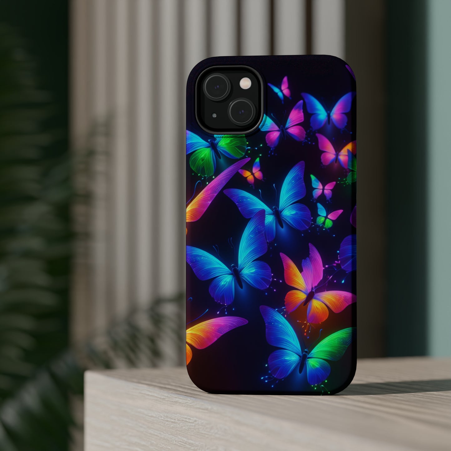 "Vibrant Neon Flutter" Neon Butterflies Premium Art Magsafe Magnet Tough IPhone 13 14 15 Pro Plus Max and Mini in Matte and Glossy Phone cases