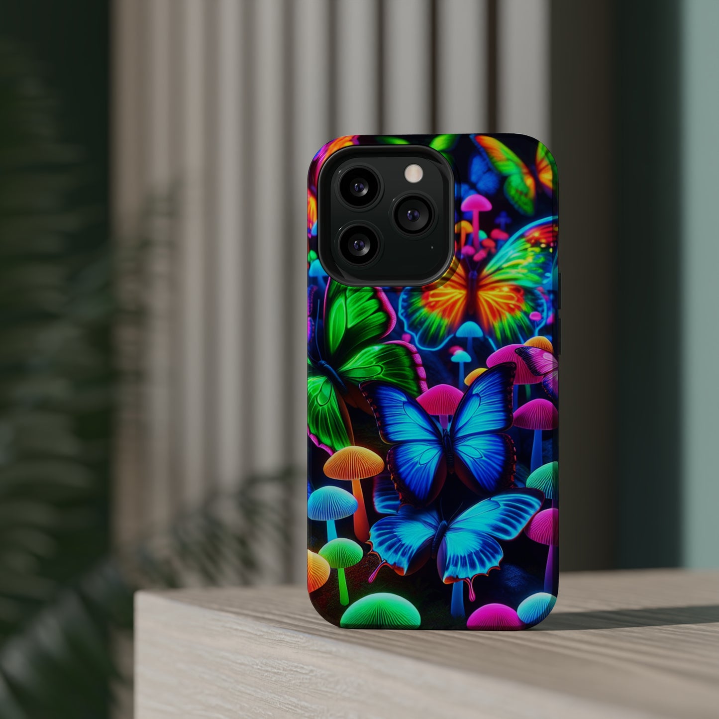 "Fantastic Fruition" Neon Butterflies and Mushrooms Premium Art Magsafe Magnet Tough IPhone 13 14 15 Pro Plus Max and Mini in Matte and Glossy Phone cases