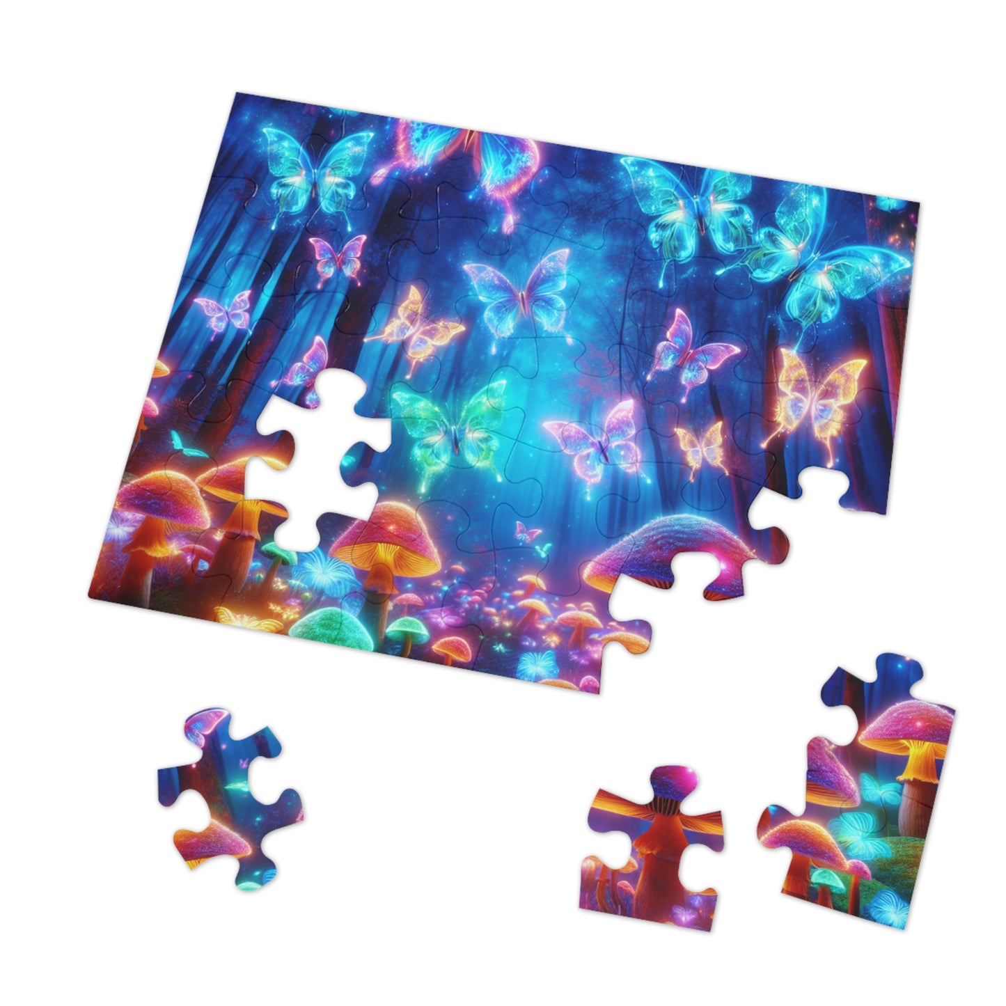 'Vibrant Neon Dreamscape' - Neon Butterflies and Mushrooms Puzzle 30, 110, 252, and 1000 Pieces