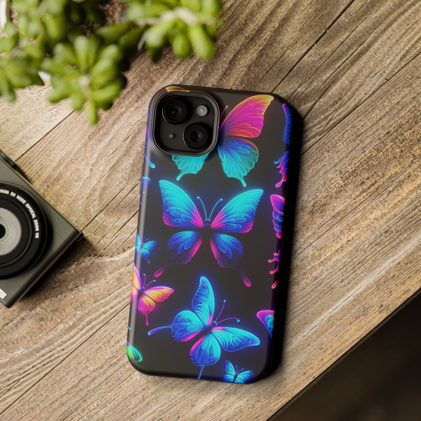 "Neon Flight Frenzy" Neon Butterflies Premium Art Magsafe Magnet Tough IPhone 13 14 15 Pro Plus Max and Mini in Matte and Glossy Phone cases