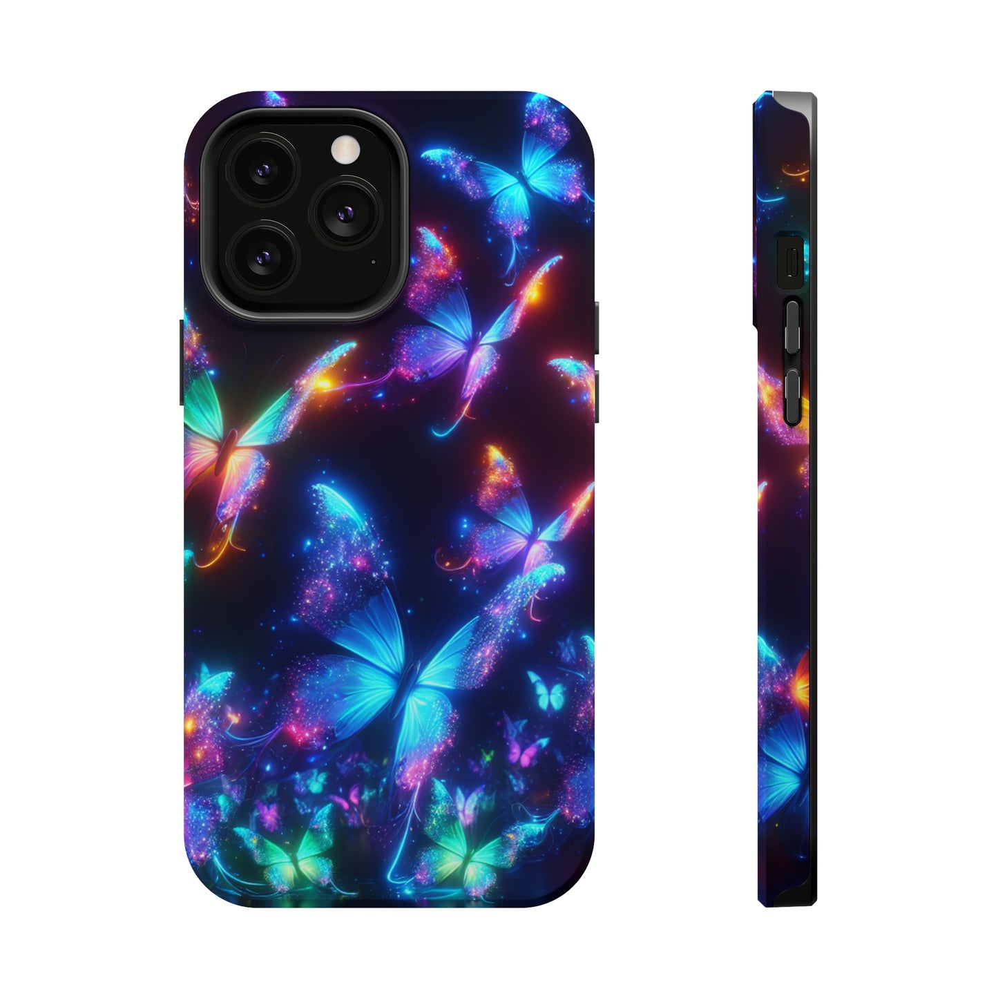 "Electrically Vivid Reverie" Neon Butterflies Premium Art Magsafe Magnet Tough IPhone 13 14 15 Pro Plus Max and Mini in Matte and Glossy Phone cases