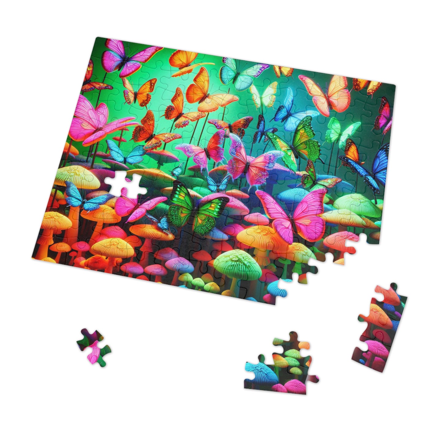 Neon Splendor. - Neon Butterflies and Mushrooms Puzzle 30, 110, 252, and 1000 Pieces