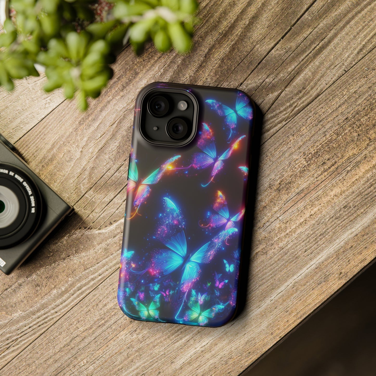 "Electrically Vivid Reverie" Neon Butterflies Premium Art Magsafe Magnet Tough IPhone 13 14 15 Pro Plus Max and Mini in Matte and Glossy Phone cases