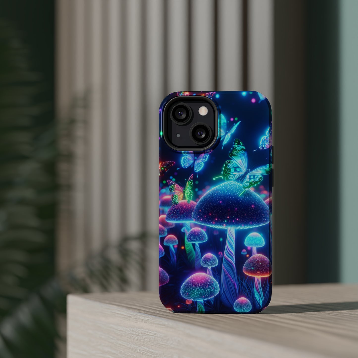Neon Glitterbug Heaven. Neon Butterflies and Mushrooms Premium Art Magsafe Magnet Tough IPhone 13 14 15 Pro Plus Max and Mini in Matte and Glossy Phone cases