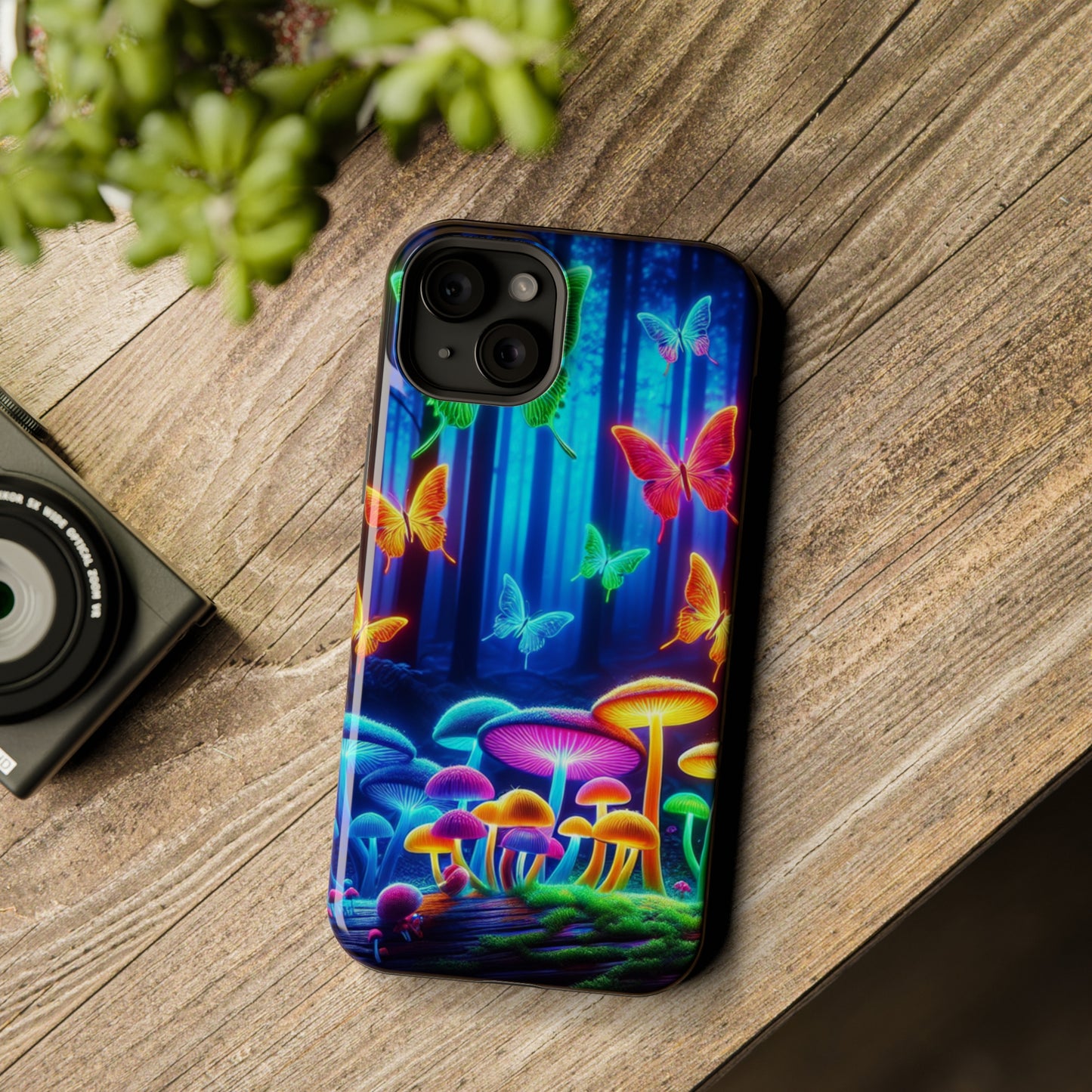 "Neon Garden Delight" Neon Butterflies and Mushrooms Premium Art Magsafe Magnet Tough IPhone 13 14 15 Pro Plus Max and Mini in Matte and Glossy Phone cases