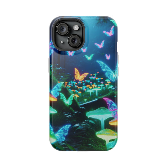 "Neon Meadow" Neon Butterflies and Mushrooms Premium Art Magsafe Magnet Tough IPhone 13 14 15 Pro Plus Max and Mini in Matte and Glossy Phone cases