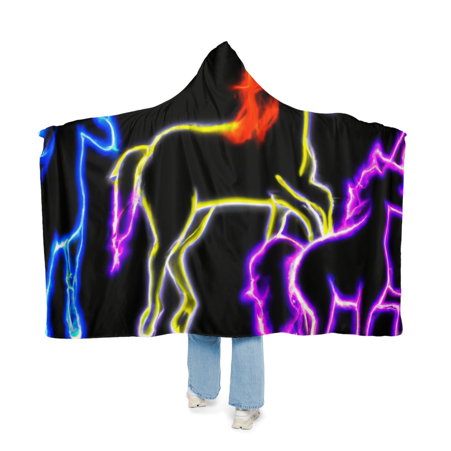 "Neon Mystic: The Gathering of Unicorns" - NEON Unicorns Art Hooded Snuggle Blanket