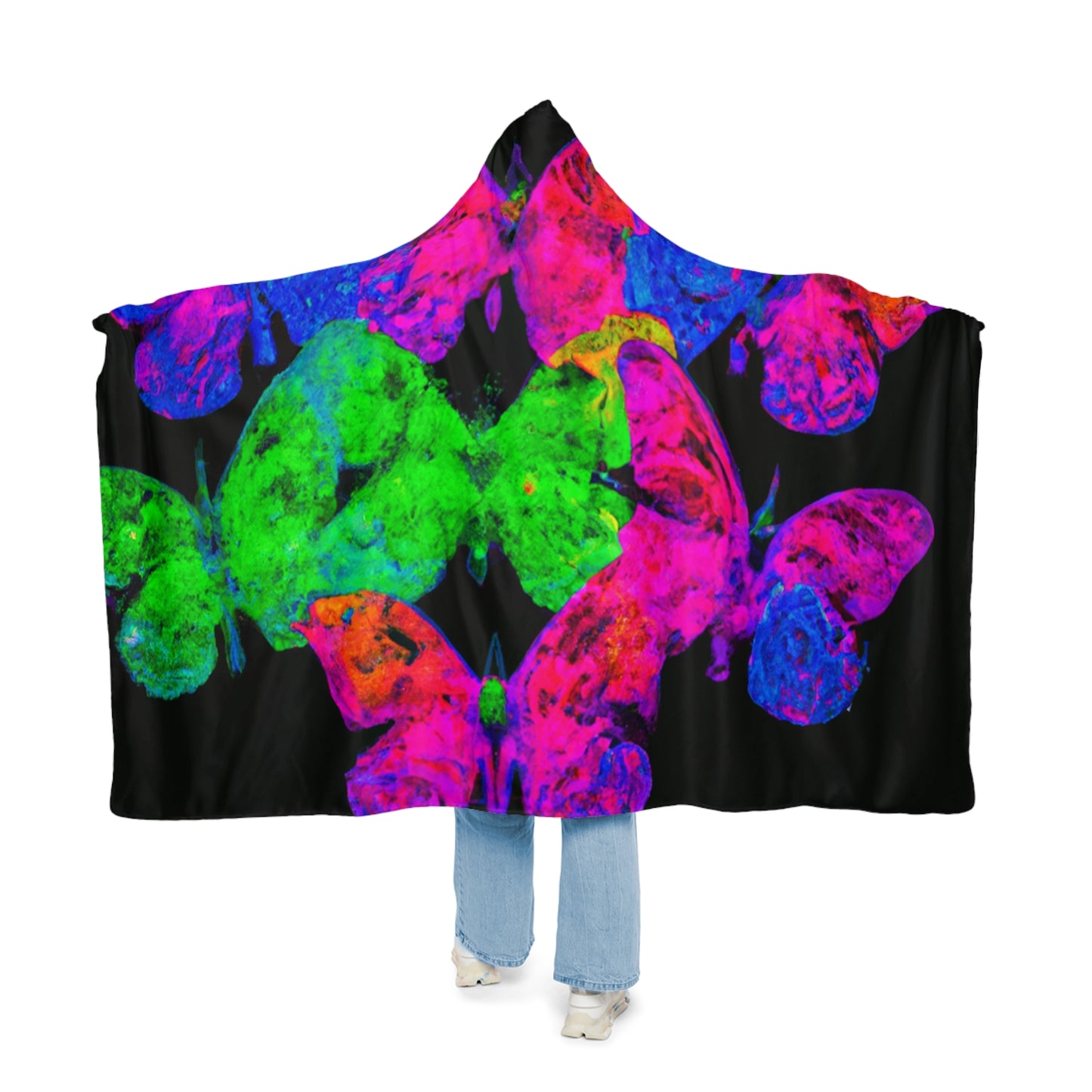 "Neon Butterflies in Flight" - NEON Butterflies Art Hooded Snuggle Blanket
