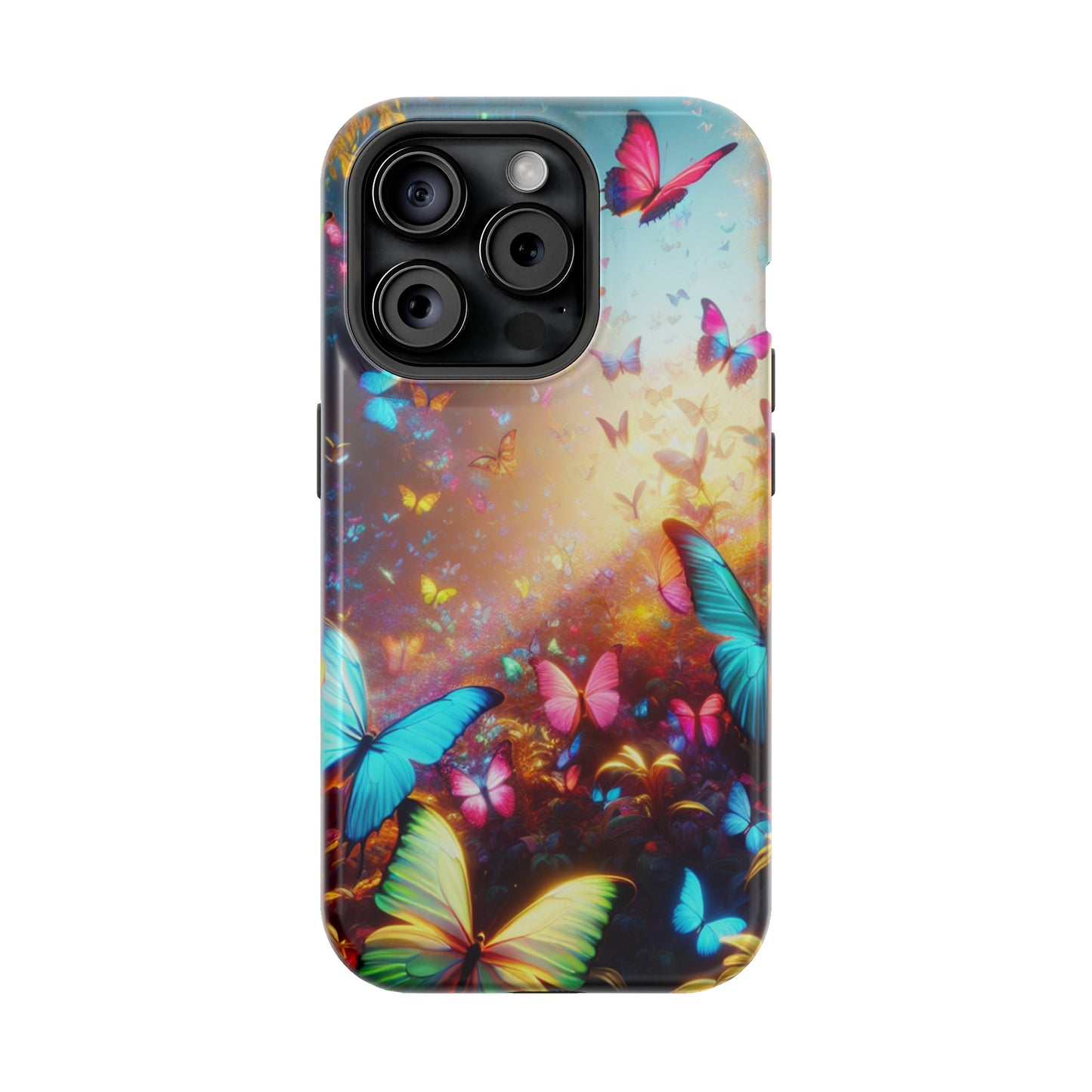 "Neon Butterfly Blooms" Neon Butterflies Premium Art Magsafe Magnet Tough IPhone 13 14 15 Pro Plus Max and Mini in Matte and Glossy Phone cases
