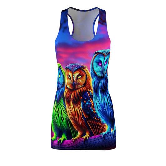 "Electric Enlightened Owls" Neon Owls Racerback Dress