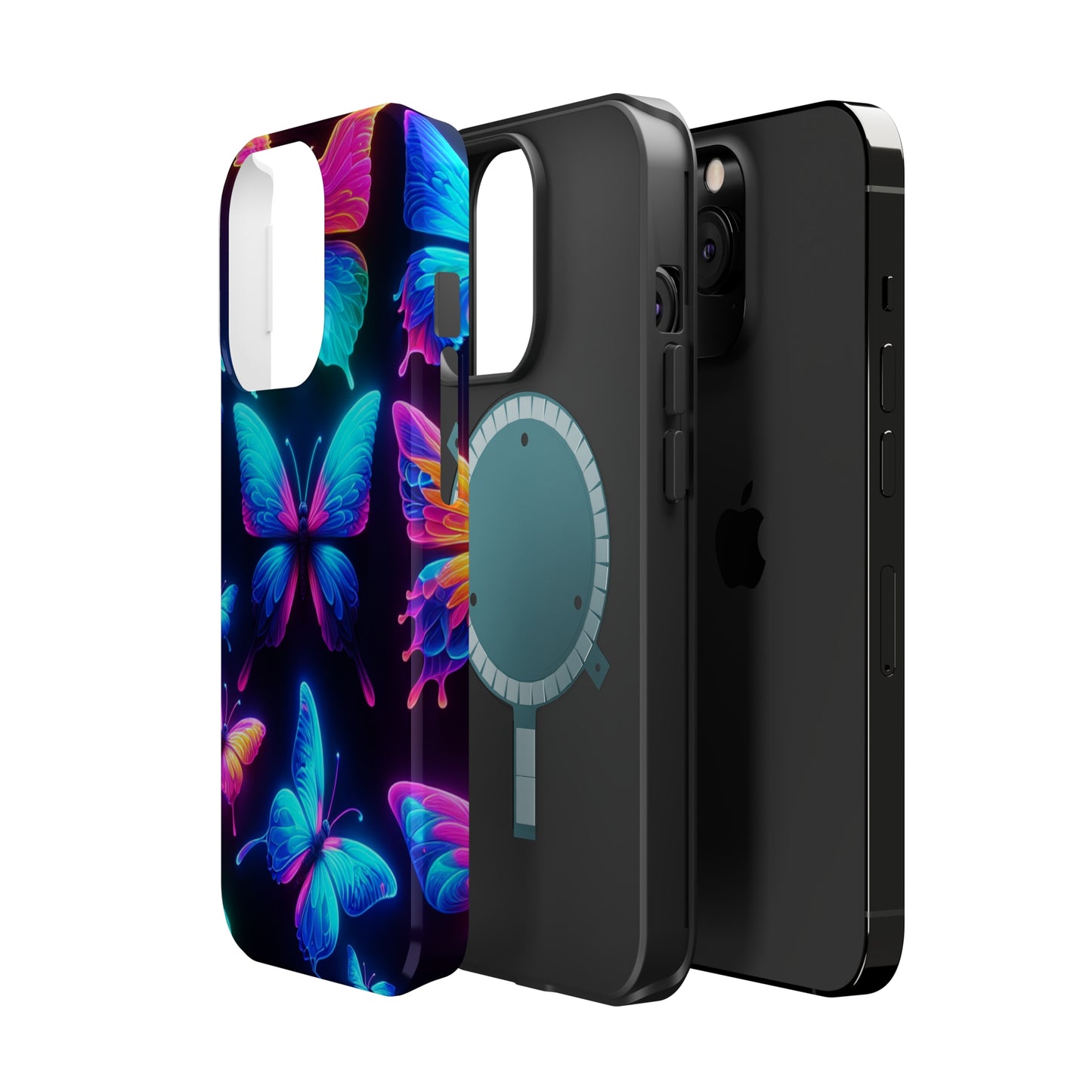 "Neon Flight Frenzy" Neon Butterflies Premium Art Magsafe Magnet Tough IPhone 13 14 15 Pro Plus Max and Mini in Matte and Glossy Phone cases