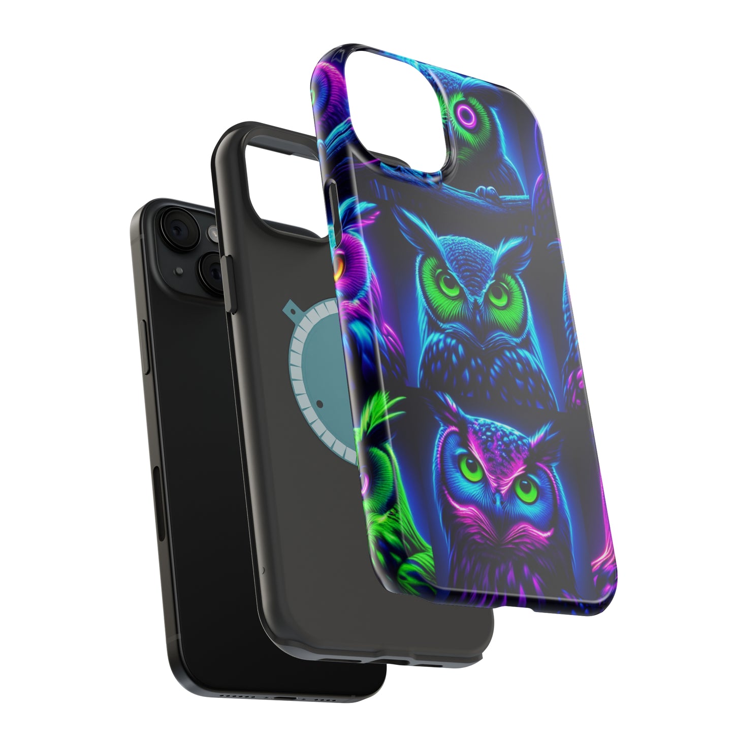 "Neon Nocturne" Neon Owls Premium Art Magsafe Magnet Tough IPhone 13 14 15 Pro Plus Max and Mini in Matte and Glossy Phone cases