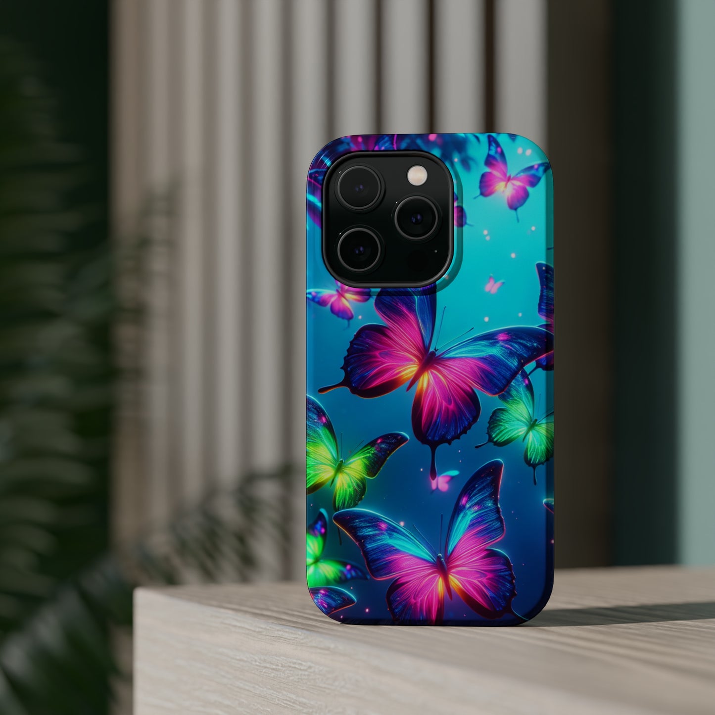 Vivid Glinting Neon Butterflies Neon Butterflies Premium Art Magsafe Magnet Tough IPhone 13 14 15 Pro Plus Max and Mini in Matte and Glossy Phone cases