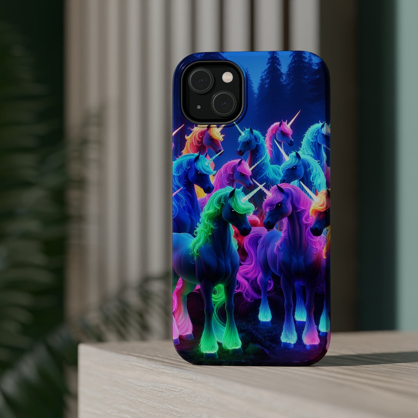 "Neon Fantasyland" Neon Unicorns Premium Art Magsafe Magnet Tough IPhone 13 14 15 Pro Plus Max and Mini in Matte and Glossy Phone cases
