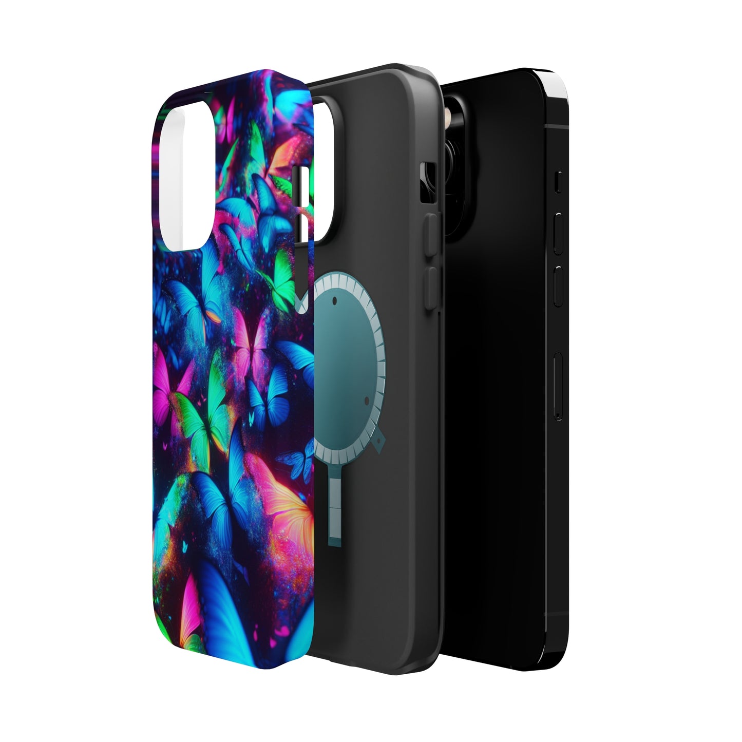 "Neon Flutterglow" Neon Butterflies Premium Art Magsafe Magnet Tough IPhone 13 14 15 Pro Plus Max and Mini in Matte and Glossy Phone cases